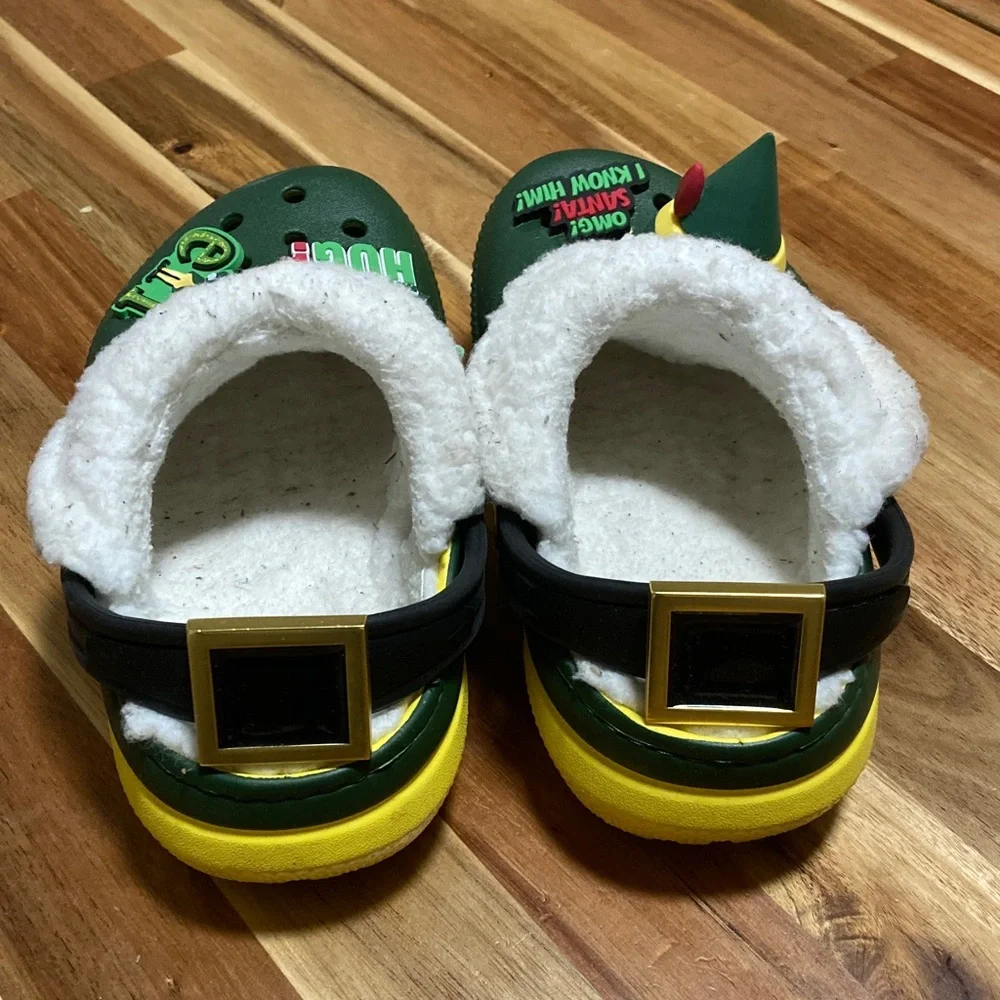 CROCS Kids Elf Holidays Green and Yellow Slippers with Plush Lining‎ Toddler 11